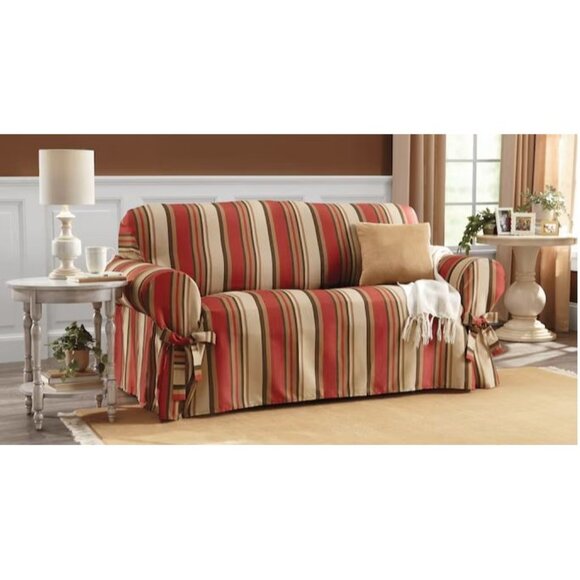 NWT Classic Slipcovers Classic Stripe Cotton Loveseat Slipcover Red - Picture 1 of 1